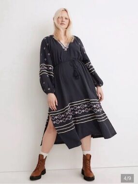 Madewell Black Embroidered Midi Dress with White & Pink Accents